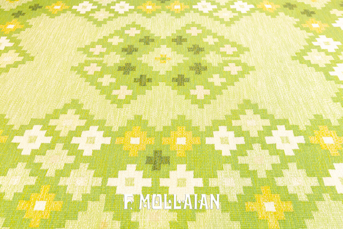 Greenish Signed Rollakan Swedish Wool Kilim n°:512174