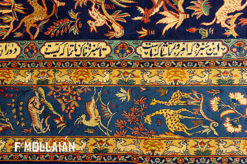 قالی دستباف گل ابریشم ایرانی کاشان کرک با طرح شکارگاه کد:۷۸۵۱۵۴۳۶