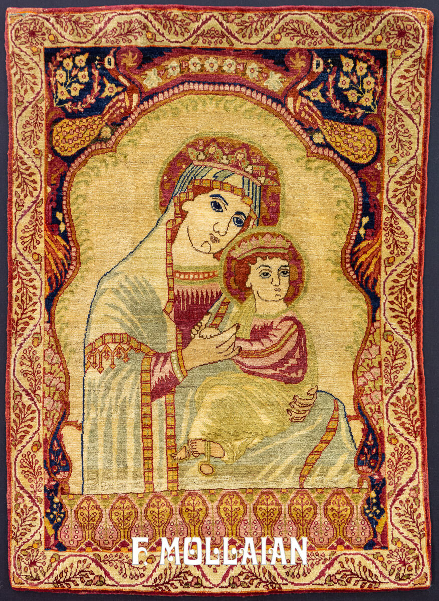 Small Pictorial (Virgin Mary and Baby Jesus) Kerman Ravar Antique Rug n°:121346