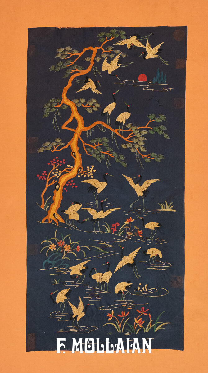 Antique Chinese Textile Crane Bird Design Dark-Blue Filed n°:56674948