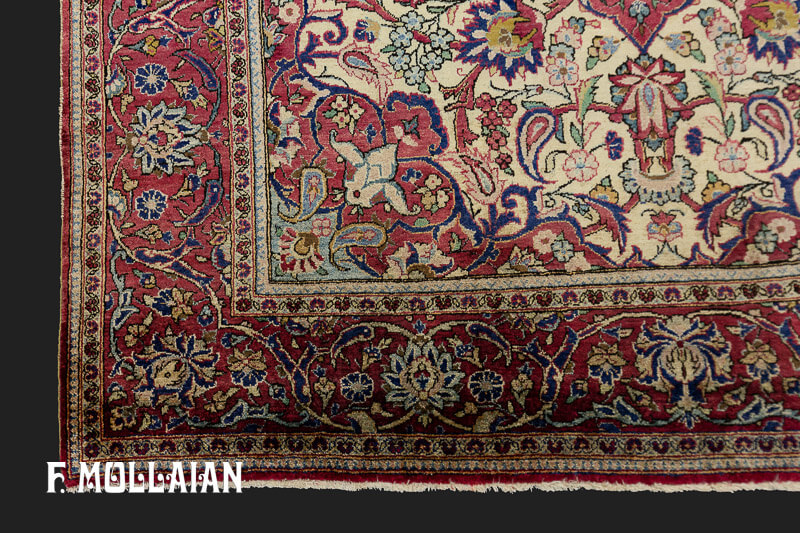 قالیچه ابریشمی لچک ترنج “اسلیمی گل اناری” آنتیک ایرانی کاشان زمینه بژ کد:۶۳۸۸۷۶۱۲