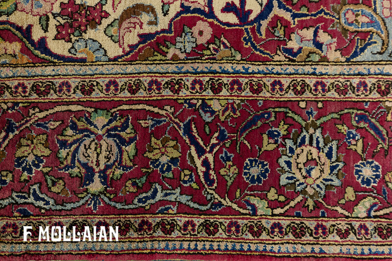 قالیچه ابریشمی لچک ترنج “اسلیمی گل اناری” آنتیک ایرانی کاشان زمینه بژ کد:۶۳۸۸۷۶۱۲