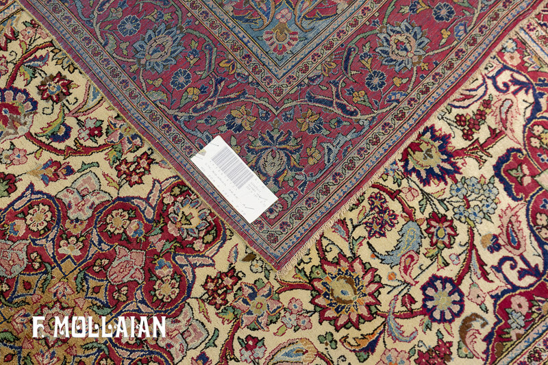 قالیچه ابریشمی لچک ترنج “اسلیمی گل اناری” آنتیک ایرانی کاشان زمینه بژ کد:۶۳۸۸۷۶۱۲