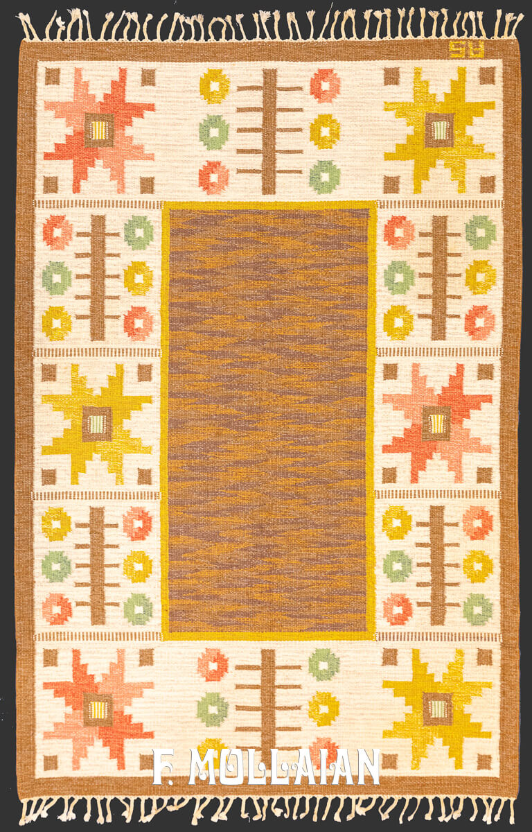Swedish Kilim Rug Brown Color Signed AS n°:170183
