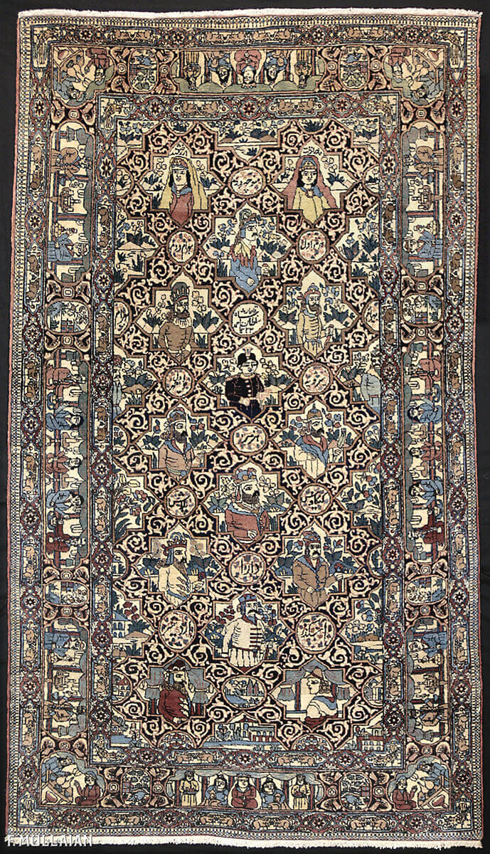 Antique Persian Pictorial Kashan Mohtasham Hand-Knotted Rug (224x126 cm)
