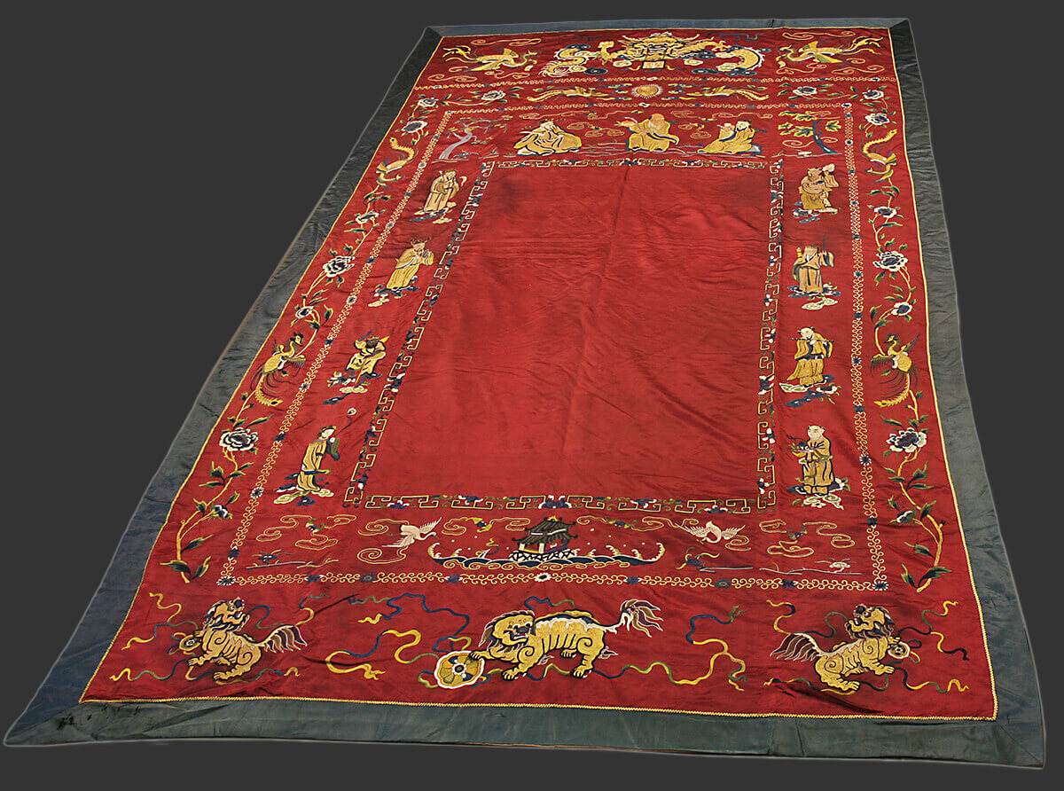 Chinese Imperial Signed Antique Silk and Metal Thread Embroidery (Immortals and Fu Dog) (320x188 cm)