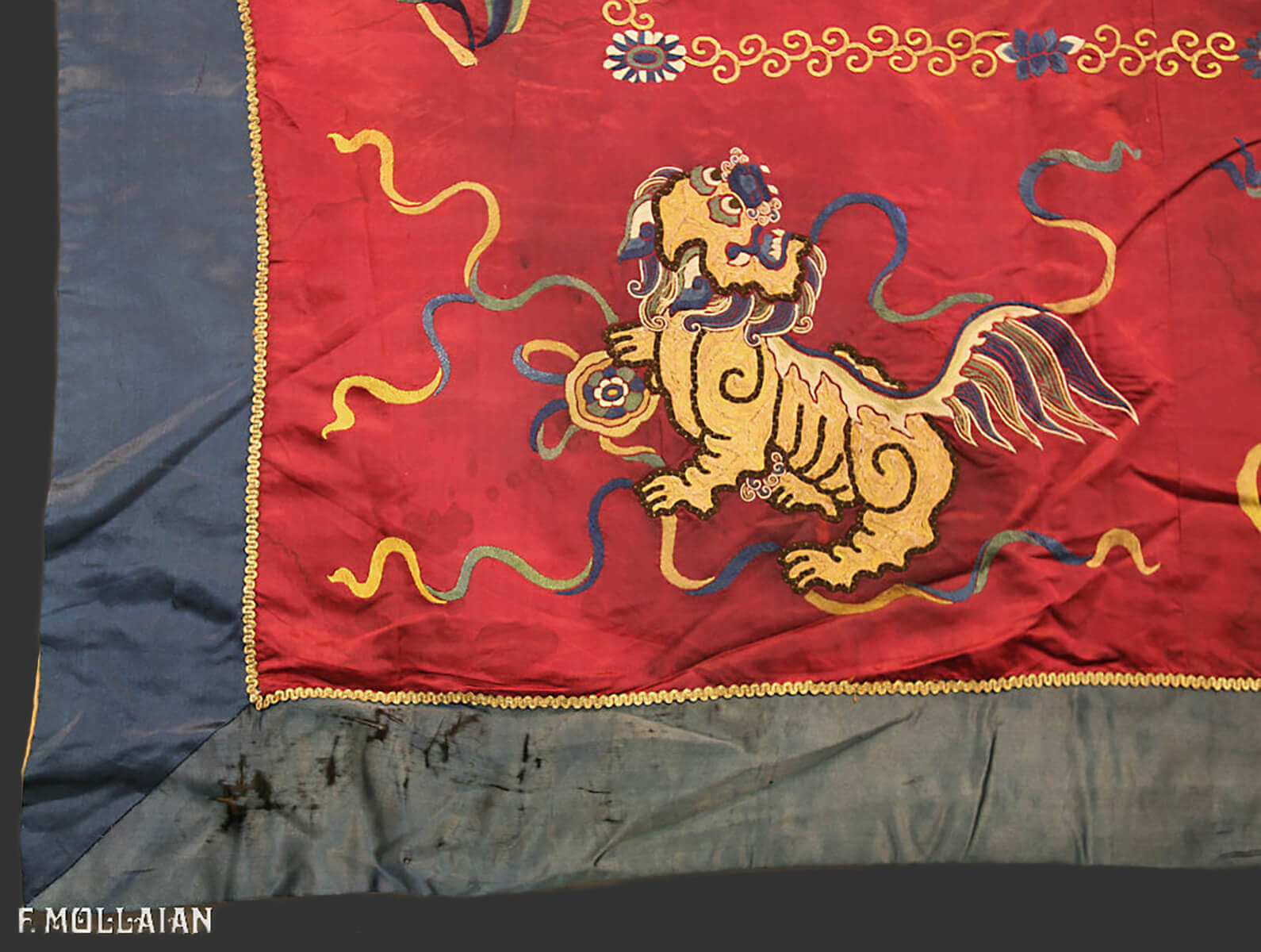 Chinese Imperial Signed Antique Silk and Metal Thread Embroidery (Immortals and Fu Dog) (320x188 cm)