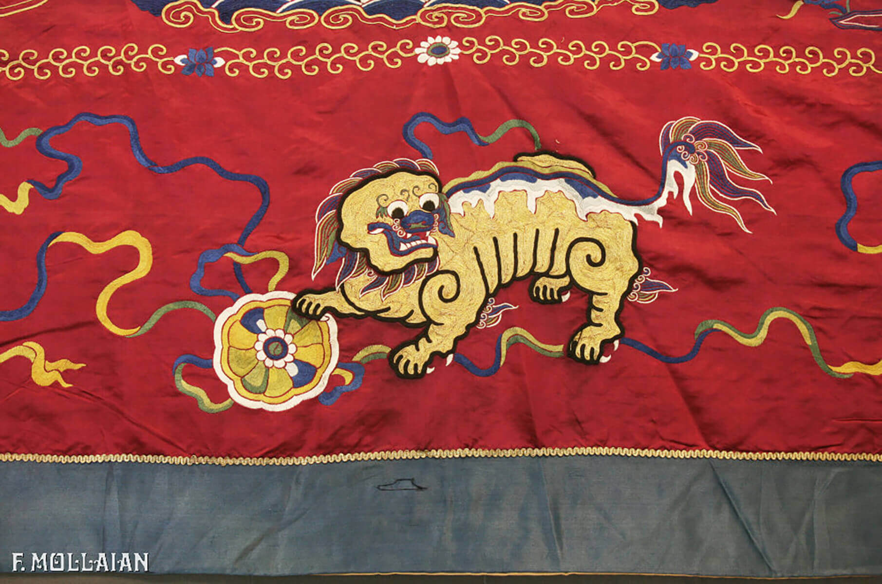 Chinese Imperial Signed Antique Silk and Metal Thread Embroidery (Immortals and Fu Dog) (320x188 cm)