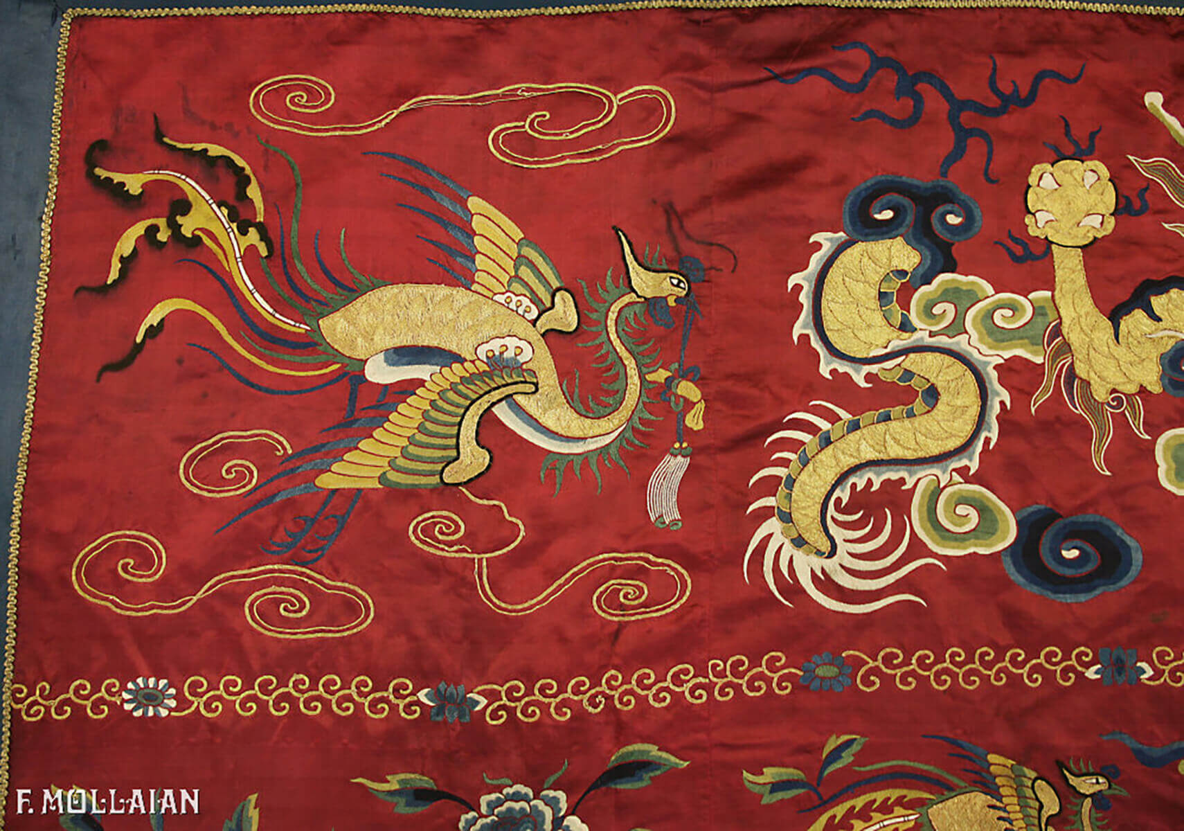 Chinese Imperial Signed Antique Silk and Metal Thread Embroidery (Immortals and Fu Dog) (320x188 cm)